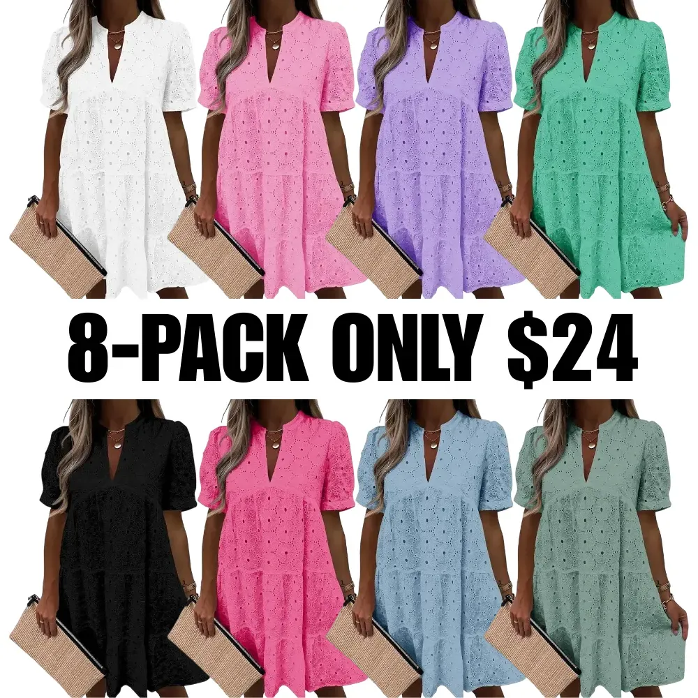 Flowy Lace Dresses Short Sleeve V Neck Tunic Dress