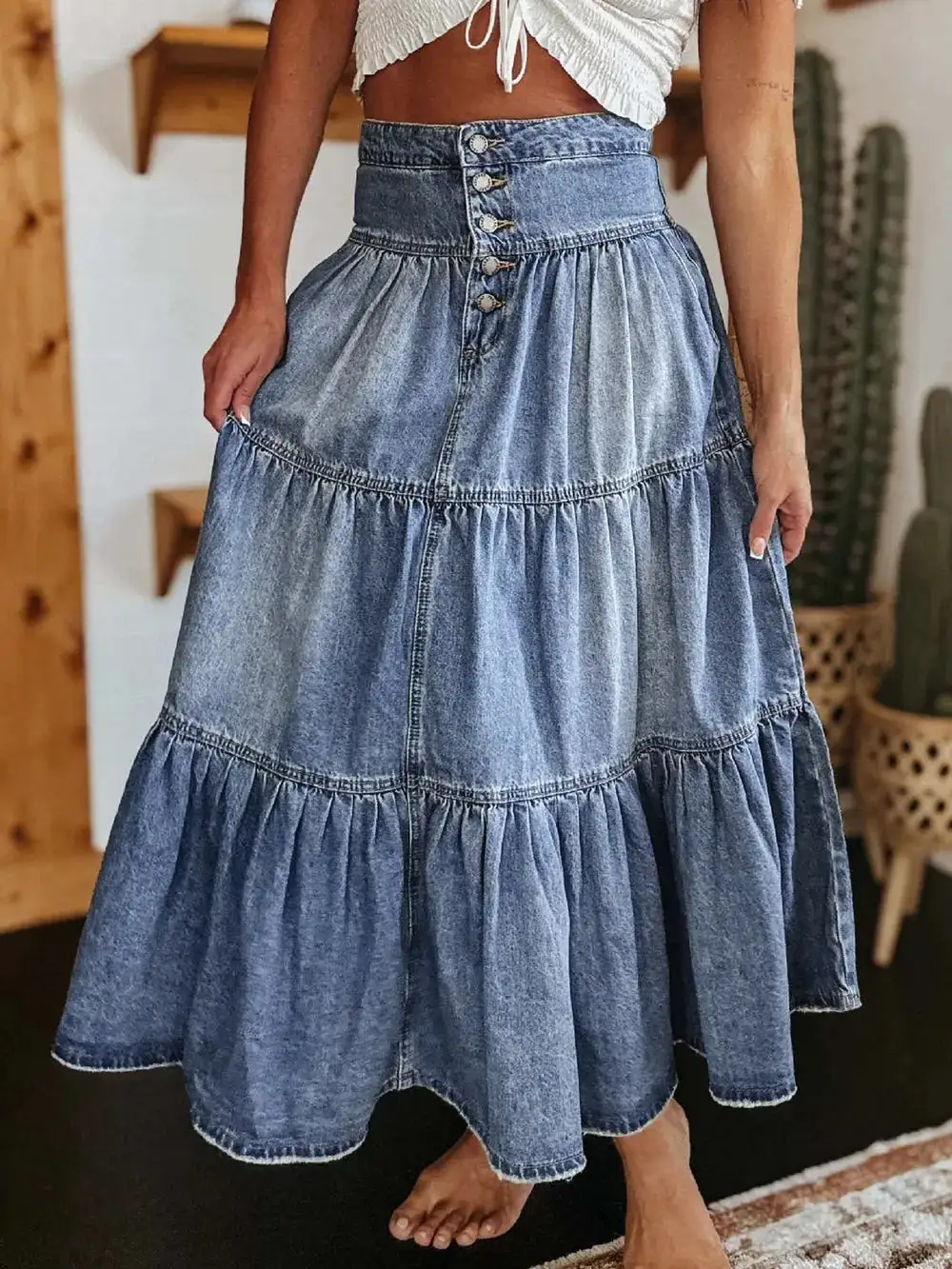 Tiered Button Fly Denim Skirt