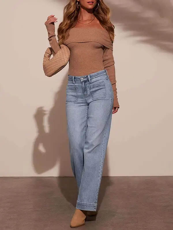 High Waist Wide Leg Seamed Buckle Detail Jeans
