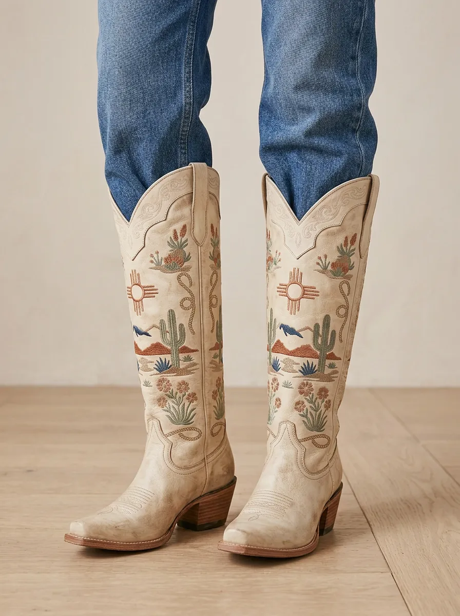 Women's Cactus Geometric Embroidered Pointed-Toe Block-Heel Stacked-Heel Western Denim Over-the-Knee Boots