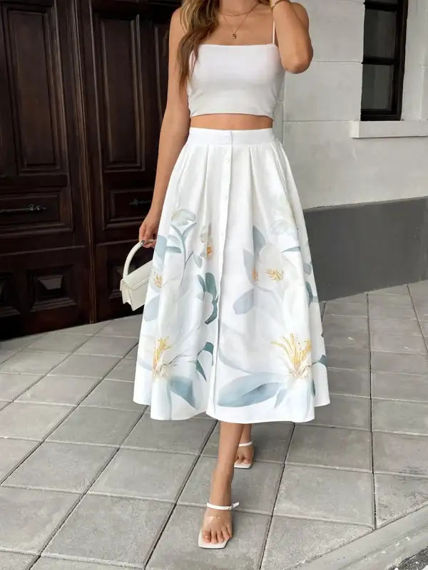 Button Front Printed Skirt