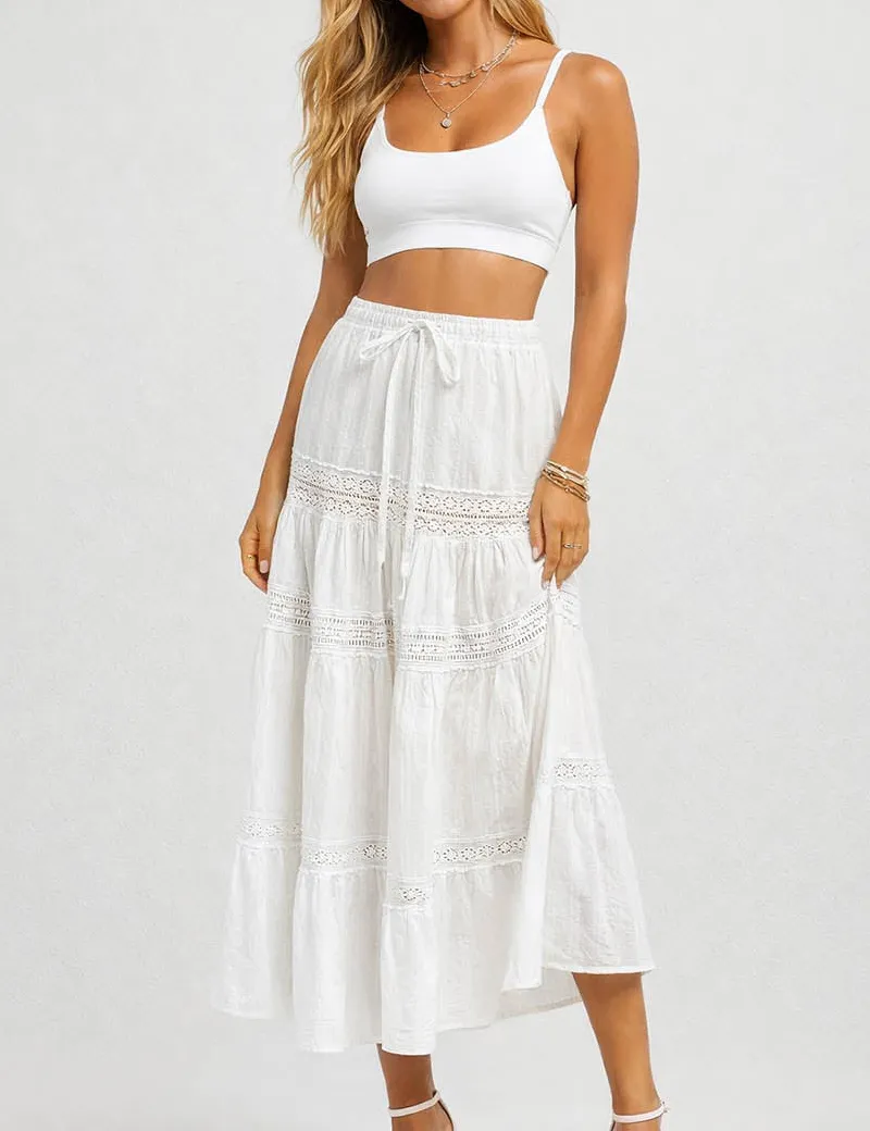 Elastic Waist Eyelet Lace Panel Tiered Maxi Skirt