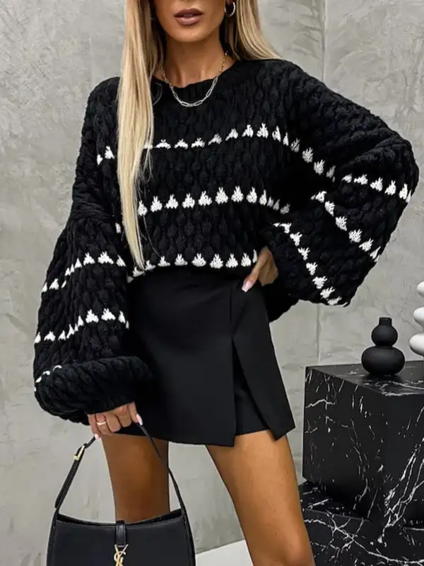 Paneled Round Neck Puff Sleeve Relaxed Fit Sweater
