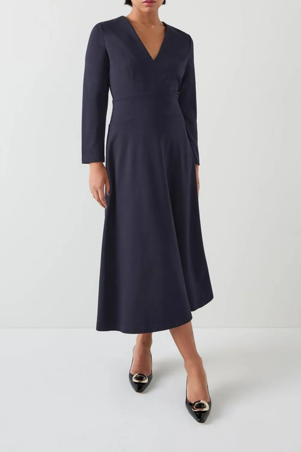 Navy Blue Long Sleeve V Neck Midi Dress
