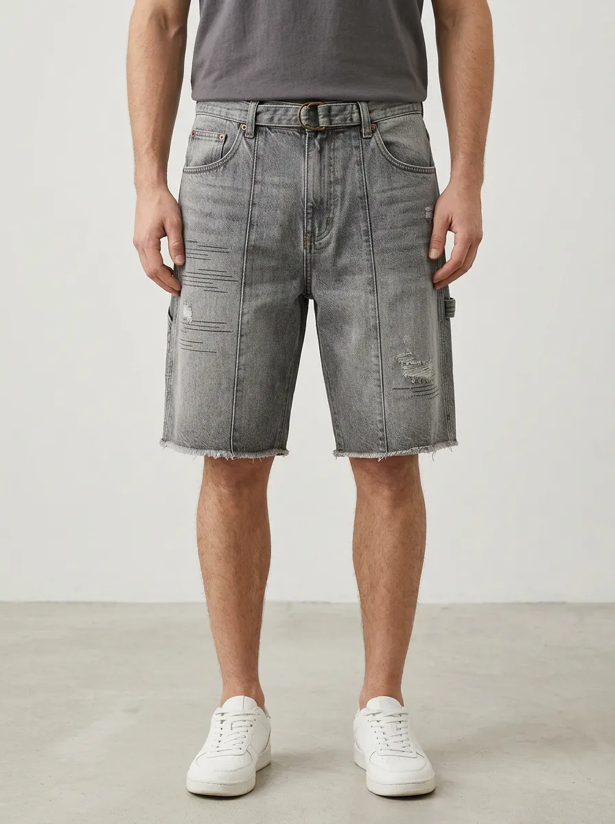 Mobility-Focused Distressed Raw Hem Workwear Look Men's Distressed Raw Hem Denim Shorts