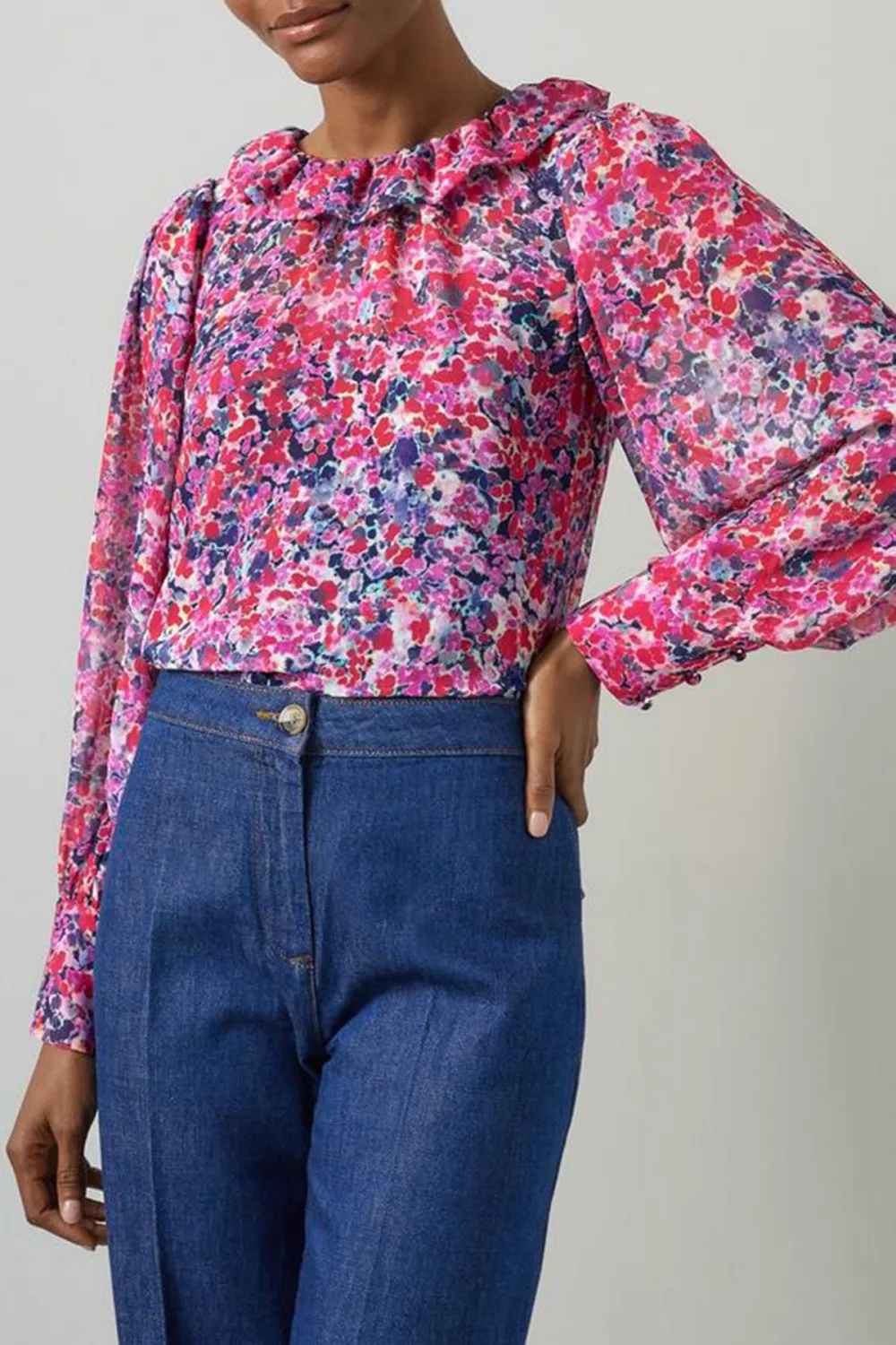 Pink Floral Print Ruffle Neck Long Sleeve Top