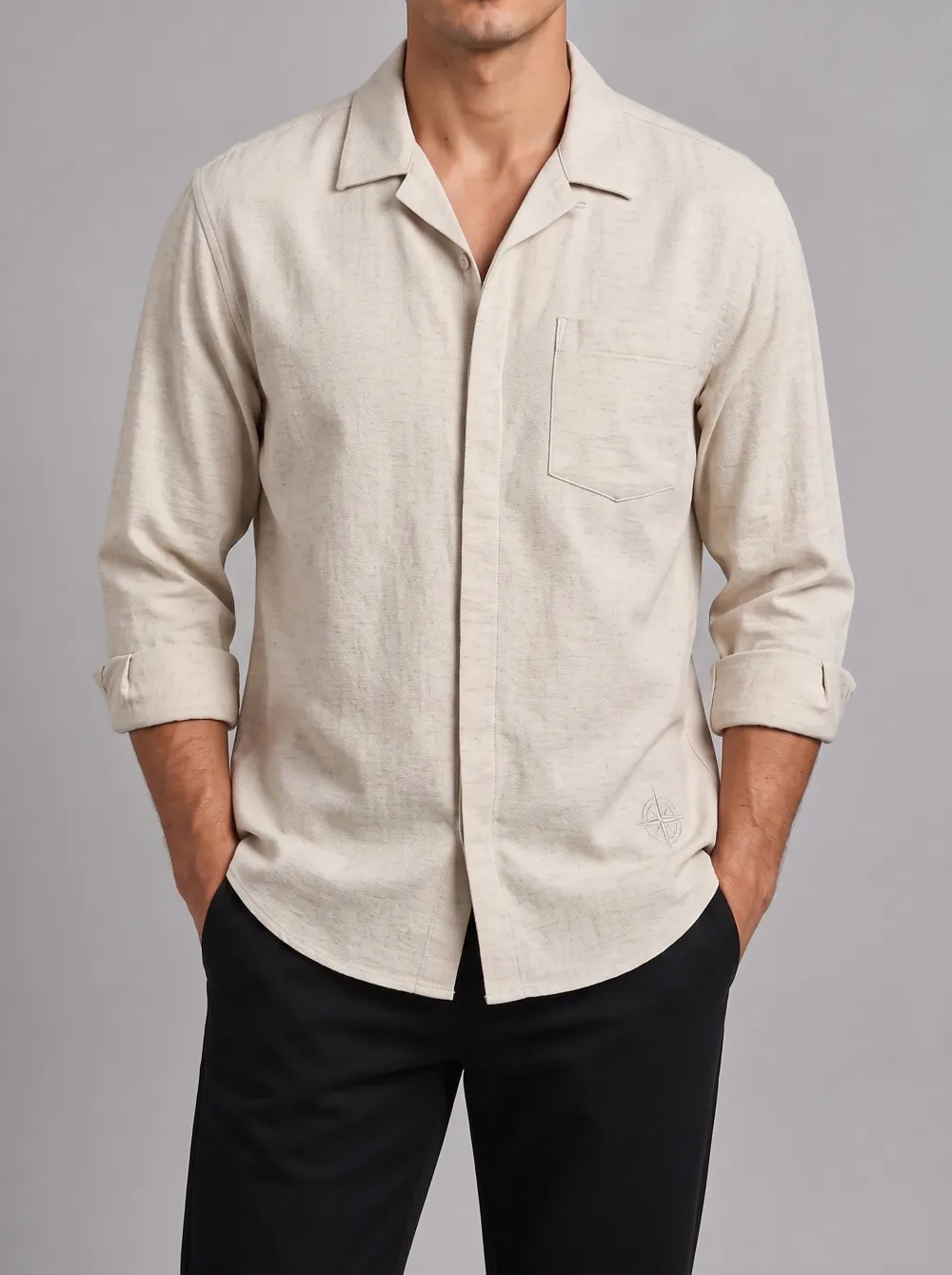 Men's Casual Compass Logo Embroidered Linen Blend Shirt