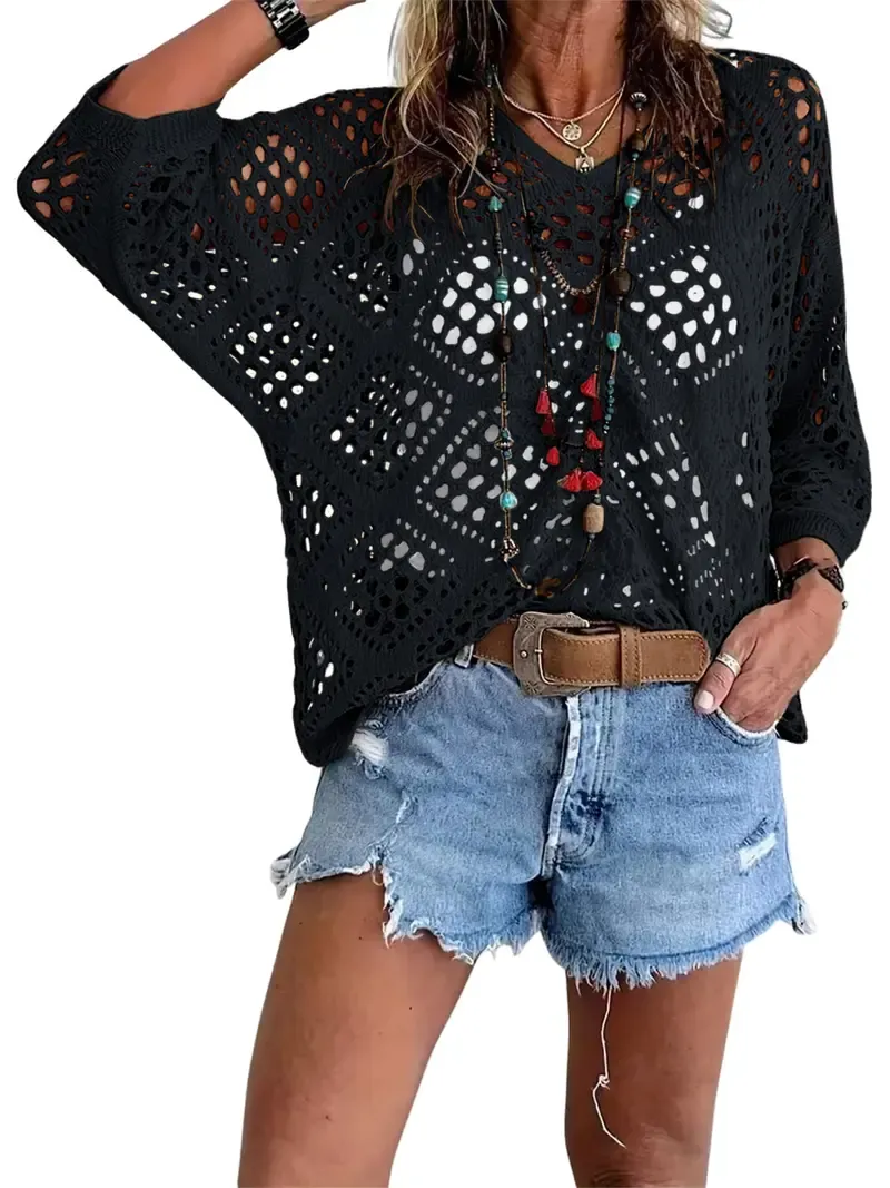 Women's Bohemian-Inspired Beige Crochet Top with V-Neck