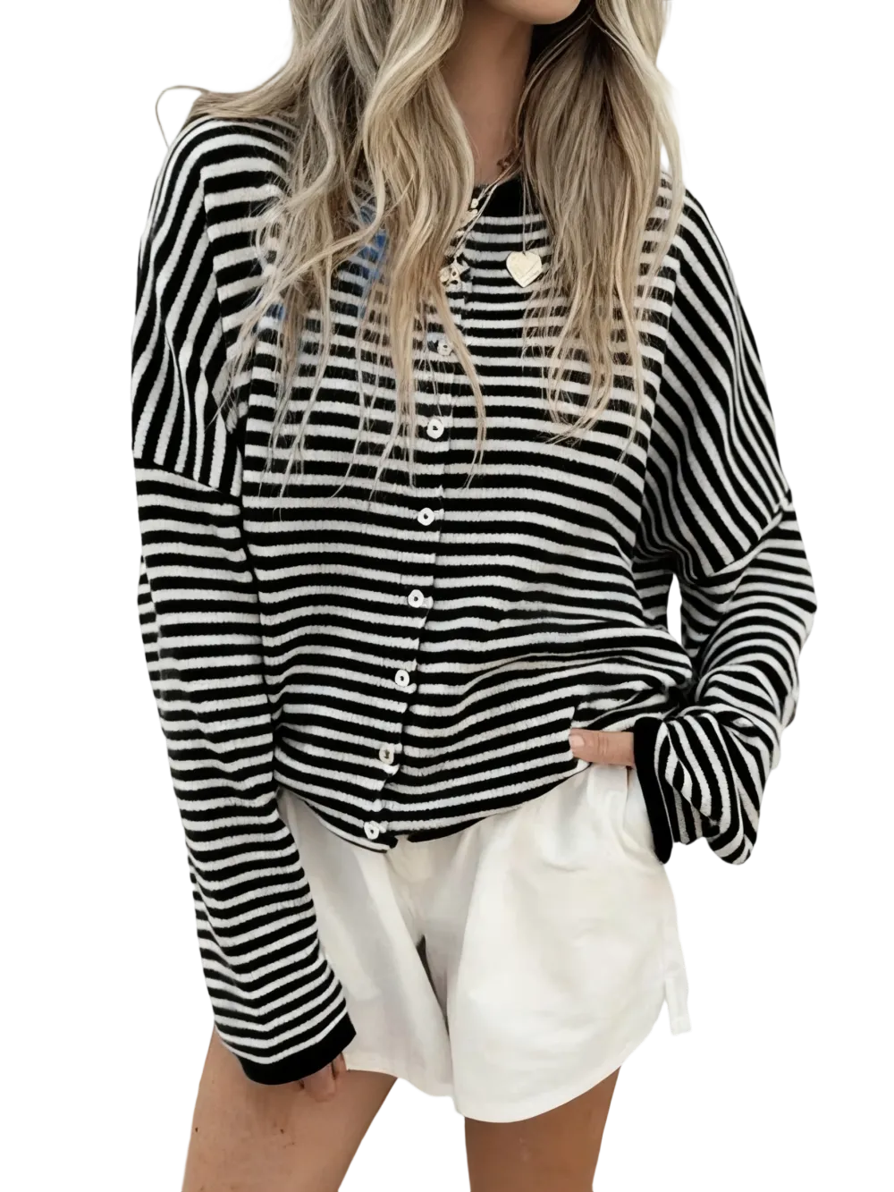 Women's Striped Casual Long Sleeve Loose Knit Sweater, Lightweight Fall & Winter Fashion, Button Front Open Front Design