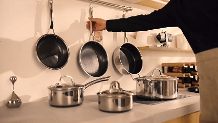 Hybrid nonstick stainless steel cookware in use