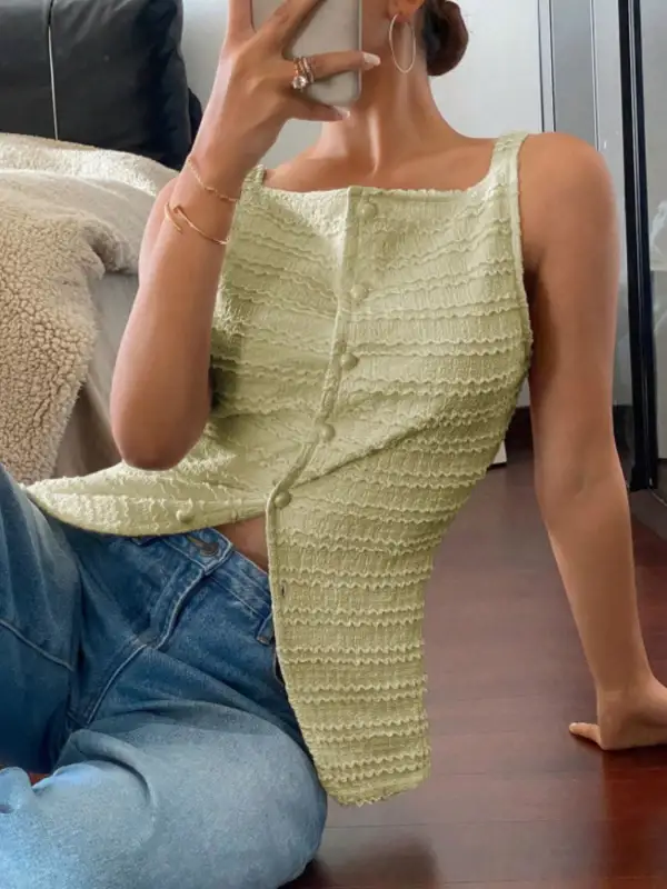 Textured Button Front Tank