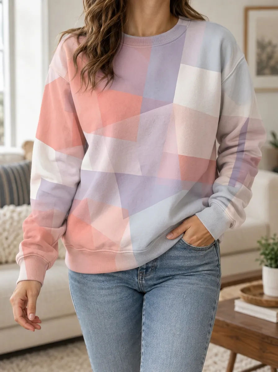 Women's Multicolor Geometric Print Crewneck Sweatshirt Relaxed Fit Drop Shoulder