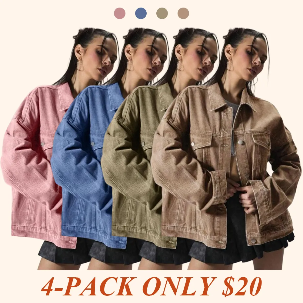 4-PACK Women's Solid Color Button Front Dropped Shoulder Denim Jacket