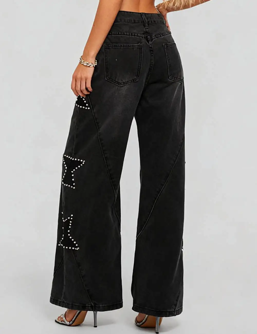 Faux Pearl Star Print Button-fly Wide Leg Denim Pants