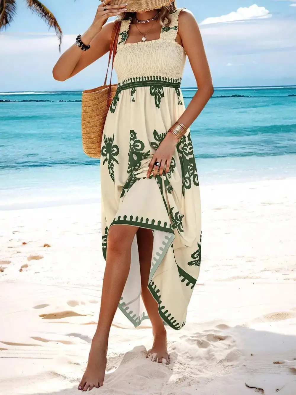 Printed Square Neck Smocked Maxi Dress