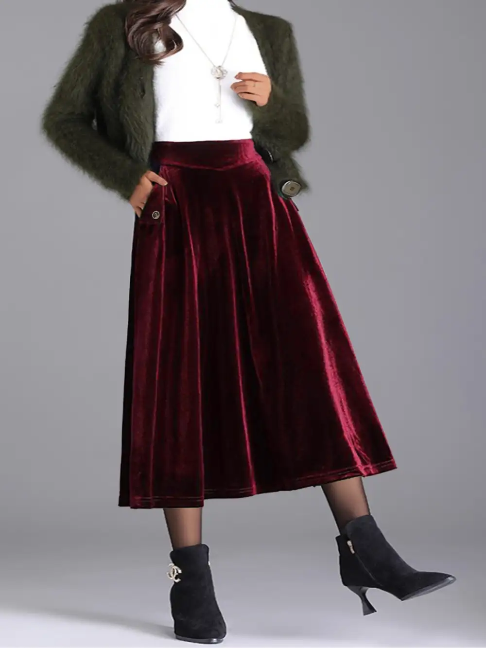 Plus Size Elegant Velvet A-line Midi Skirt