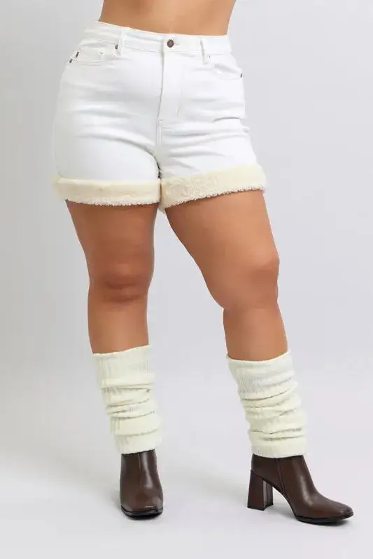 High-Waist Shearling Cuff Denim Shorts