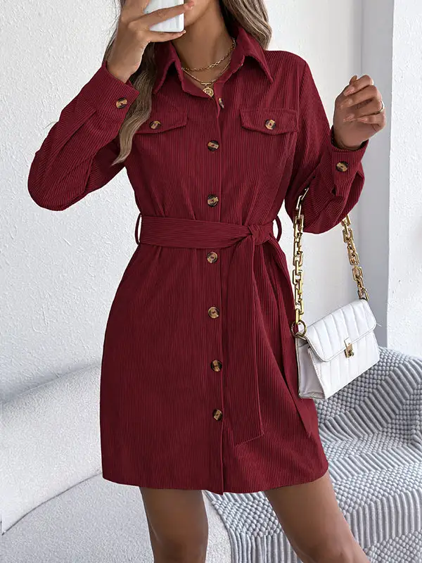 Elasticated Waist Long Sleeve Belted Buttoned Single Breasted Solid Color Lapel