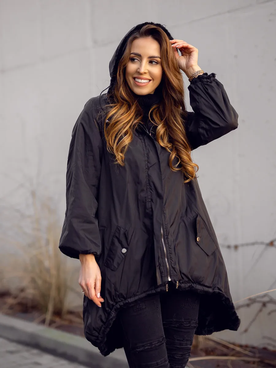Black Women's Long Quilted Winter Jacket With Hood