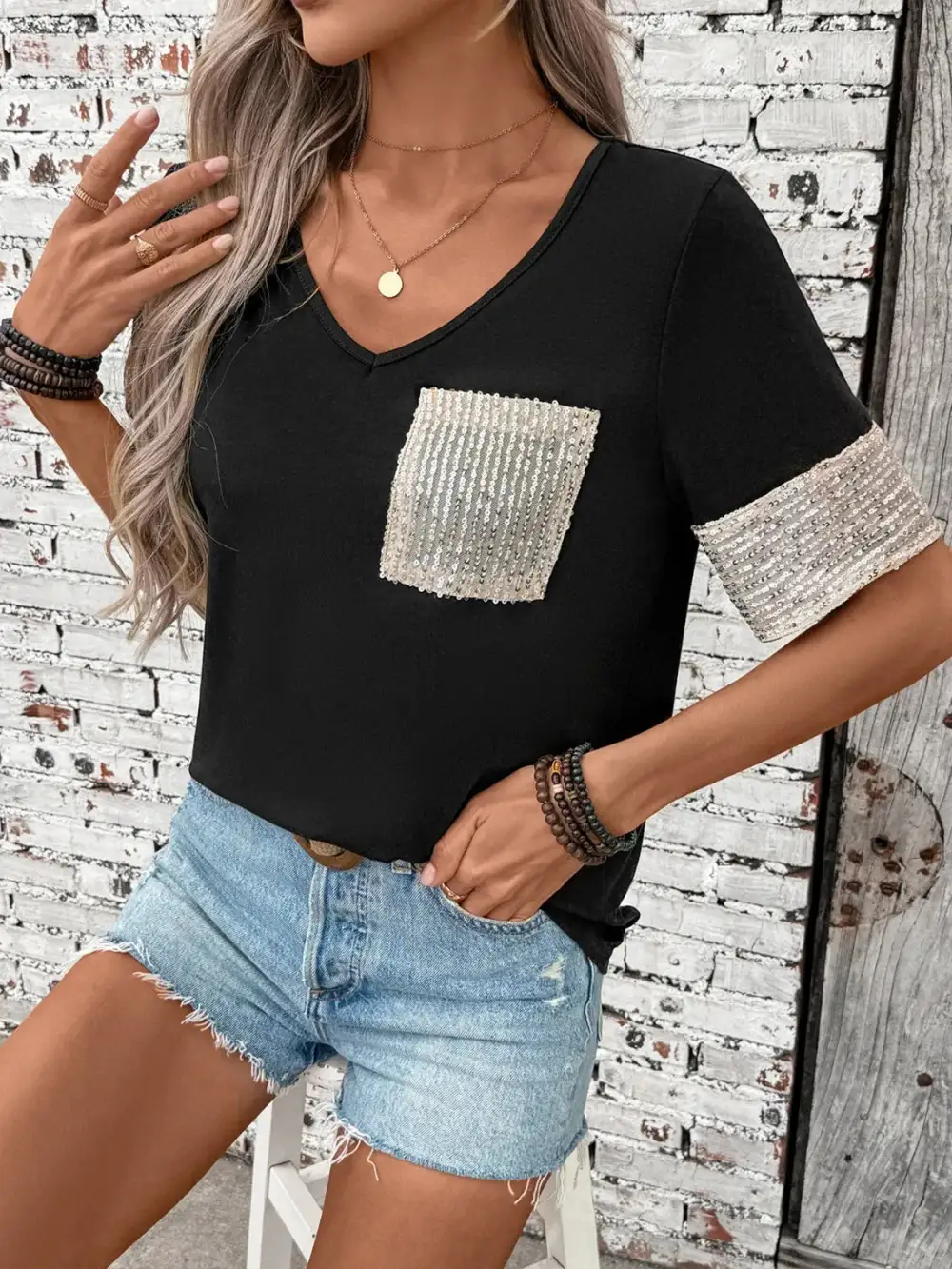 V-Neck Short-Sleeve Sequined T-Shirt