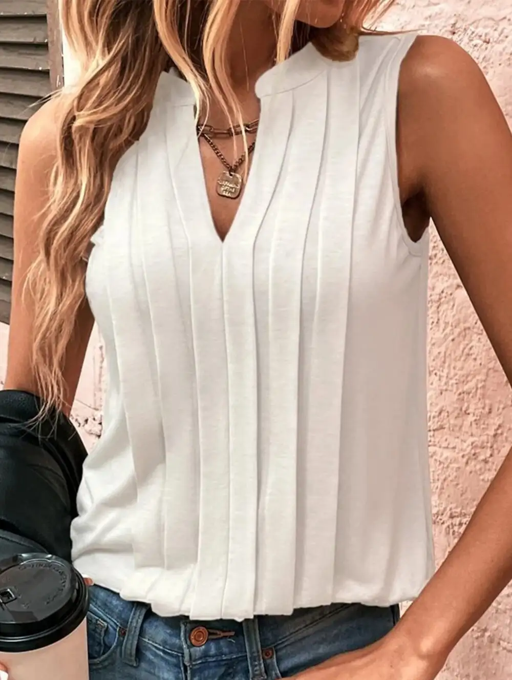 Slim Fit Pleats Sleeveless V-Neck Top