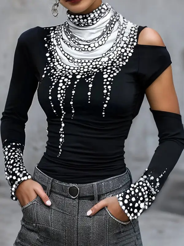 Long Sleeve Slim Fit Cutout Print High Neck T-Shirt
