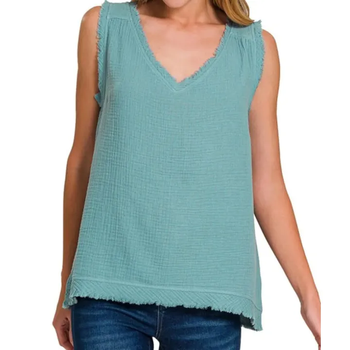 Cozy Double Gauze Raw Edge V Neck Tank