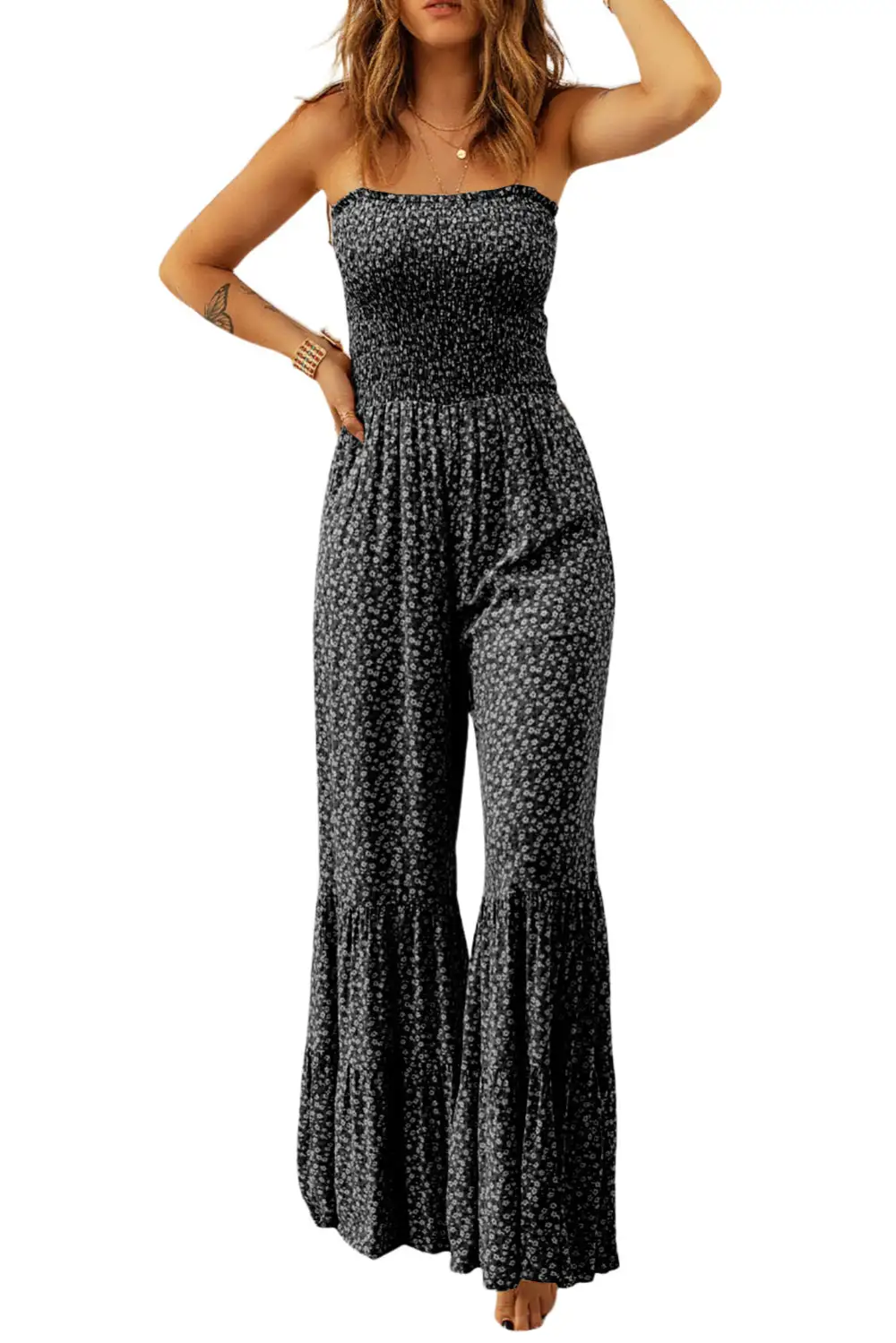 Thin Straps Smocked Bodice Wide Leg Accessory