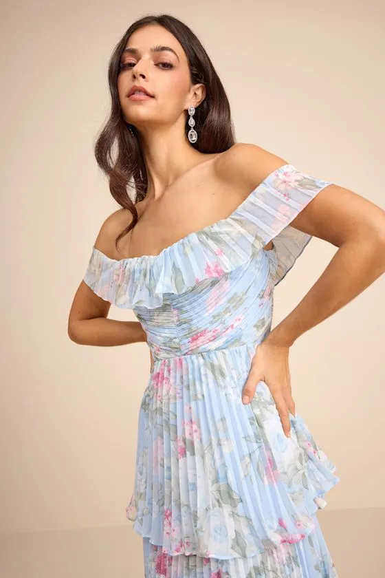 Always Remarkable Light Blue Floral Off-the-Shoulder Maxi Dress