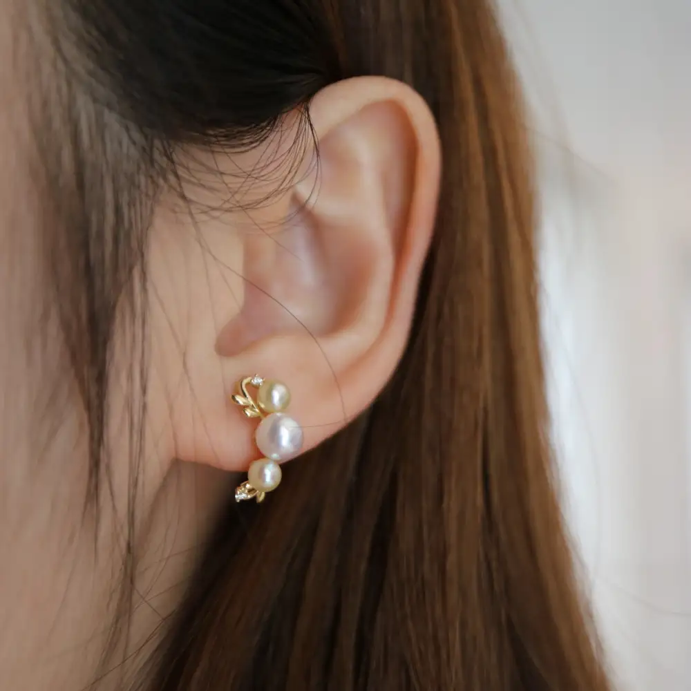 Leaf Accent Diamond Accent Pearl Stud Earrings