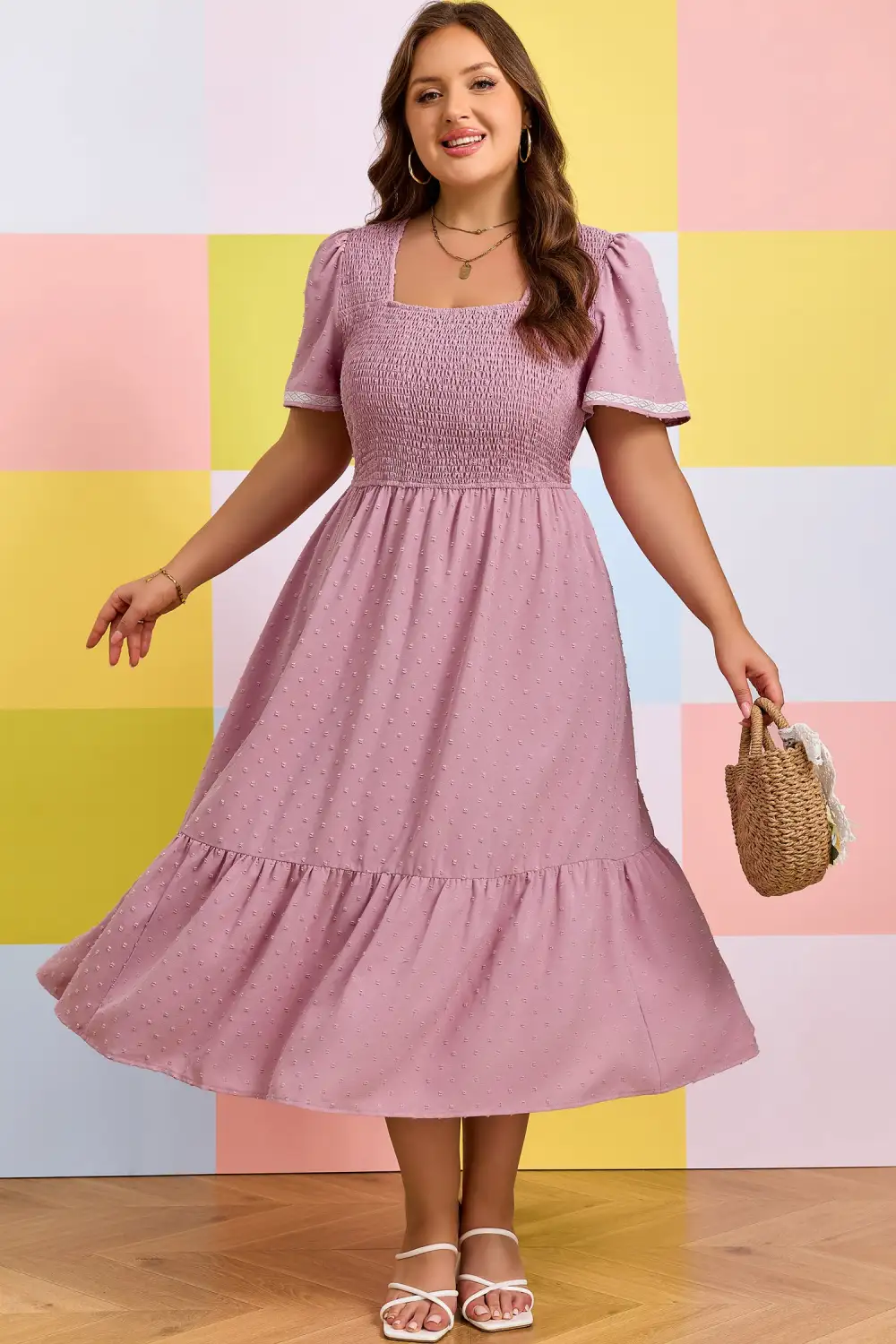 Smocked Short Sleeve High Waist Midi Dress