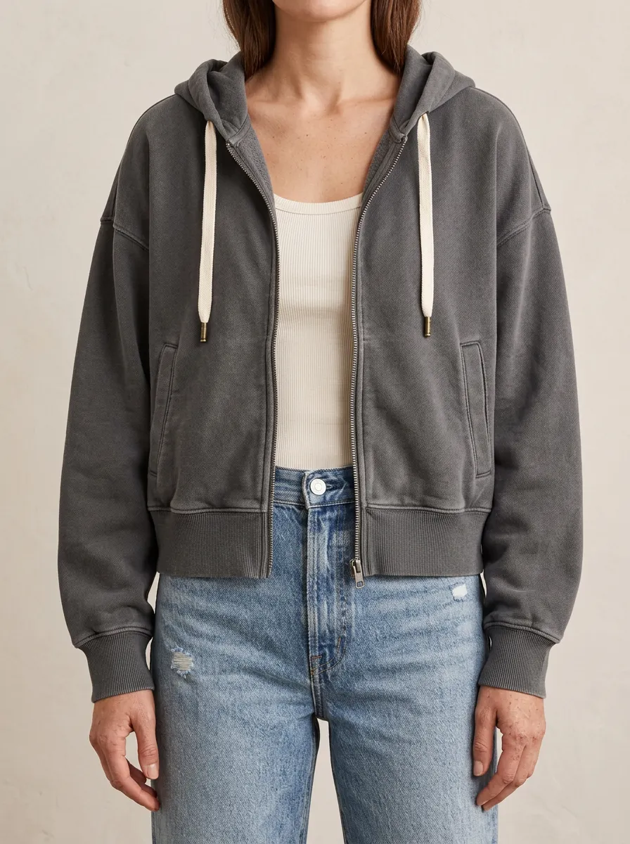 Refined Vintage-Wash Zip-Up Women's Zip-Up Hooded Jacket