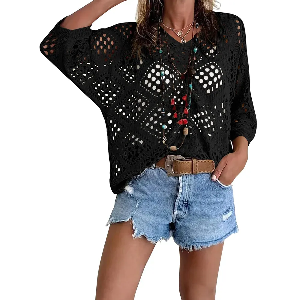 Women's Bohemian-Inspired Beige Crochet Top with V-Neck