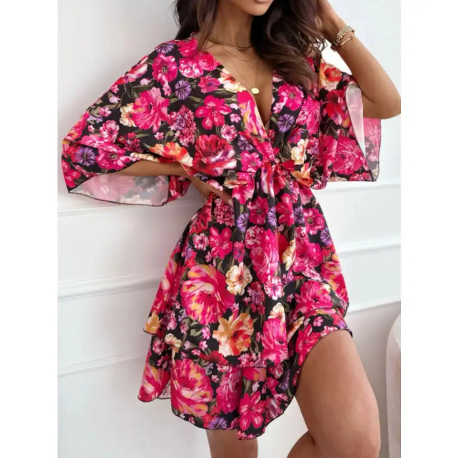 Print V-neck Ruffle Mini Dress