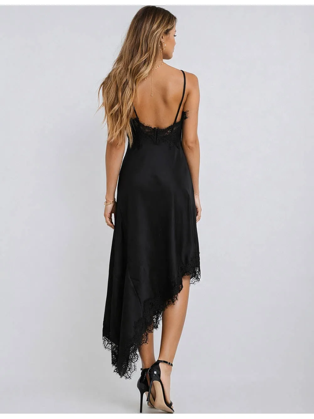 Satin Lace Trim Halter Neck Irregular Hem Maxi Dress