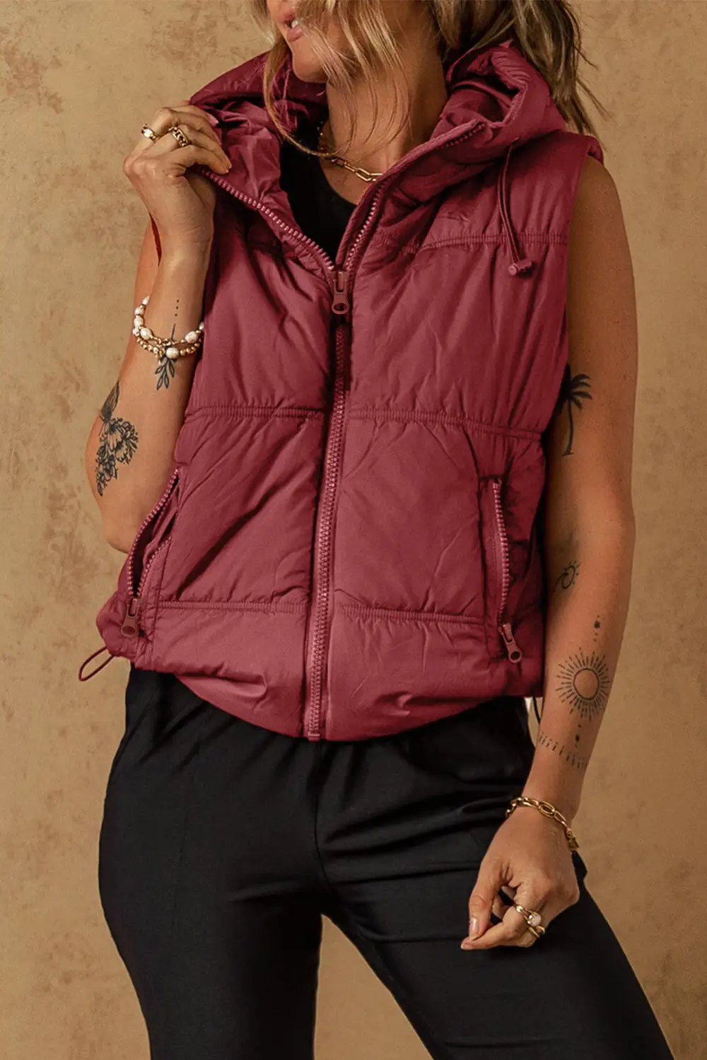Zip Side Pocket Hooded Puffer Vest