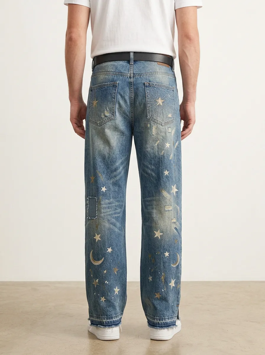 Men's Celestial Distressed Star Wide Leg Jeans