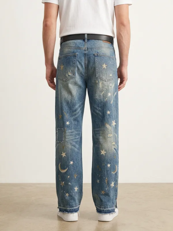 Men's Celestial Distressed Star Wide Leg Jeans