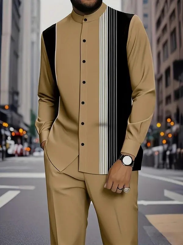 Men's black and white striped button-down shirt with drawstring waist casual pants