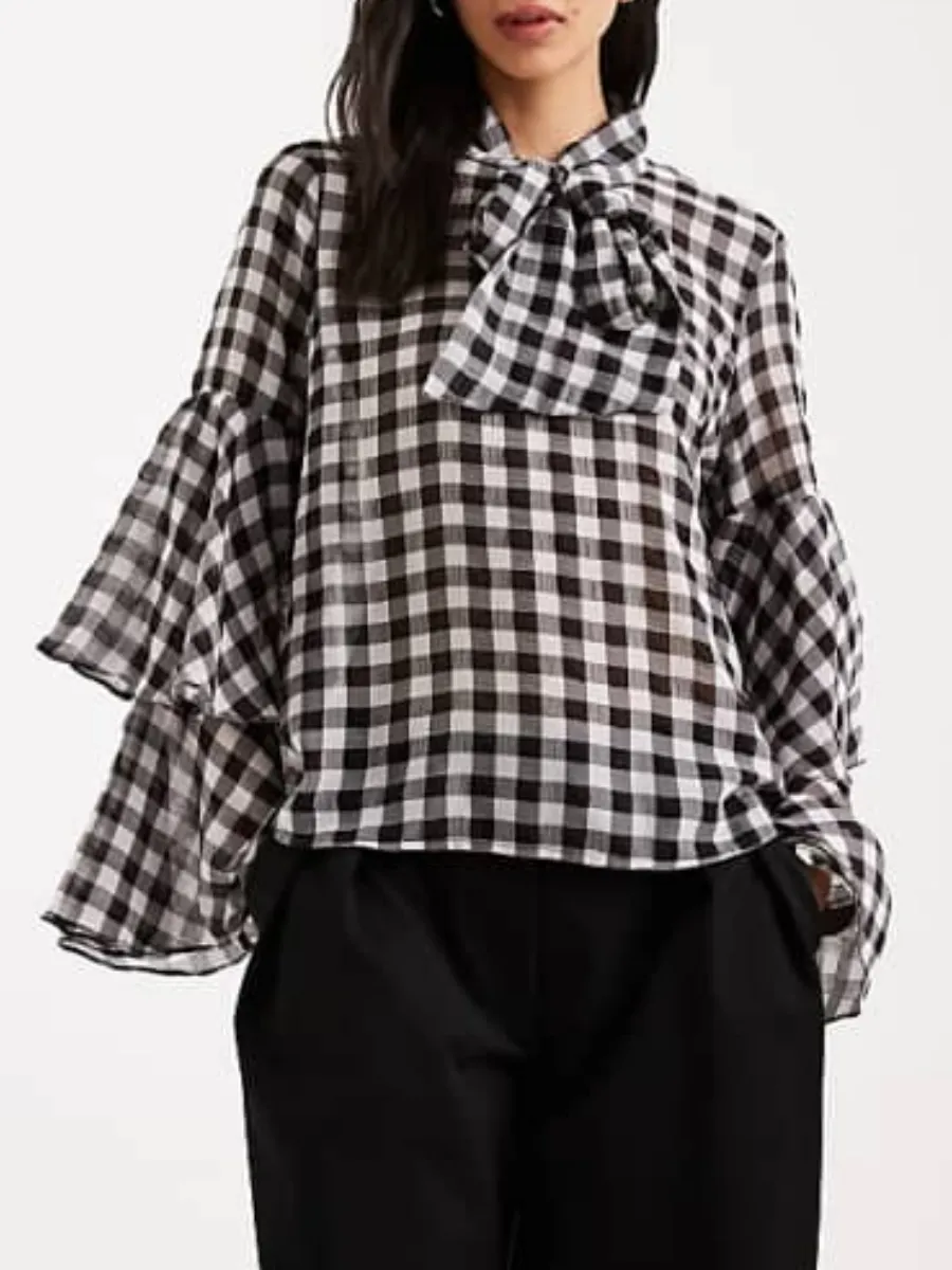 Bell Sleeve Gingham Blouse