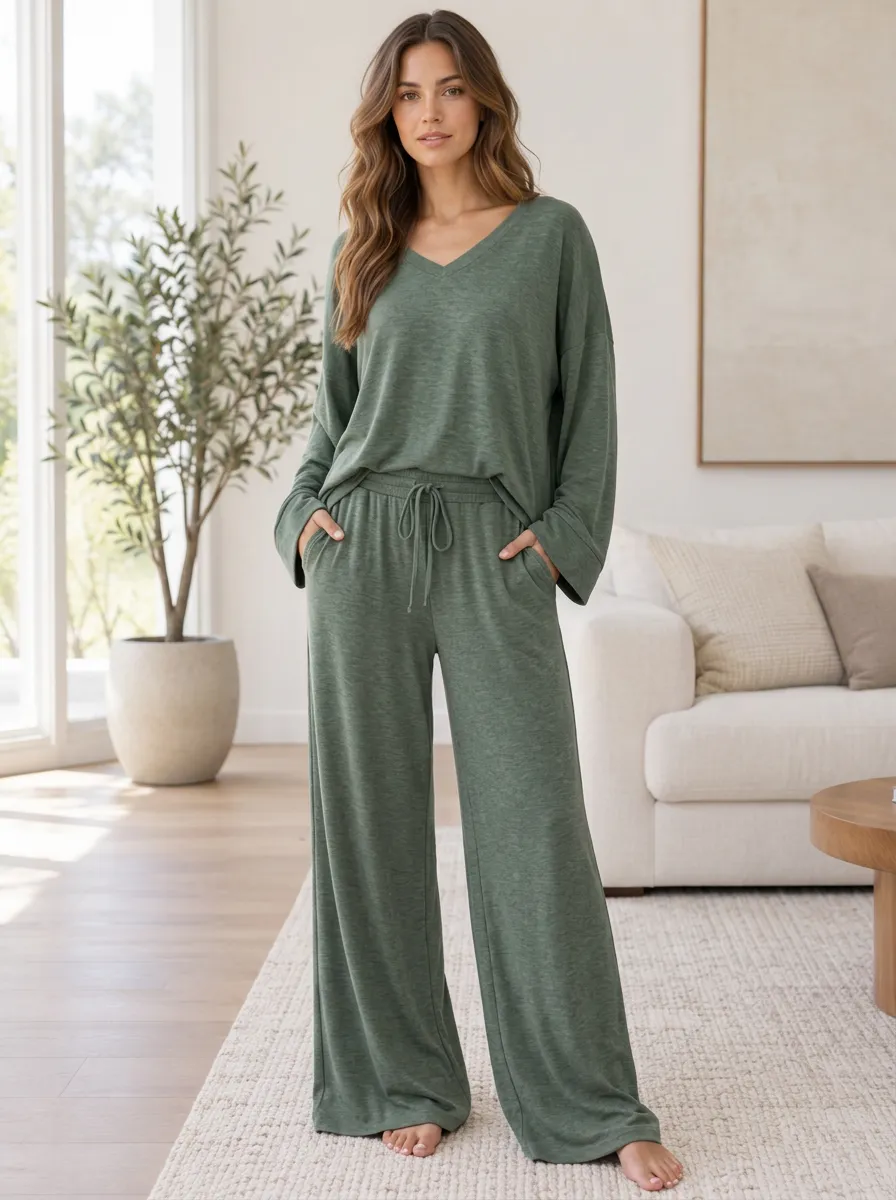 Simple Lounge Women's V-Neck Wide Leg Lounge Co-Ord