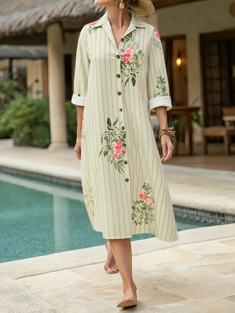 Button Front Floral Striped Midi Dress