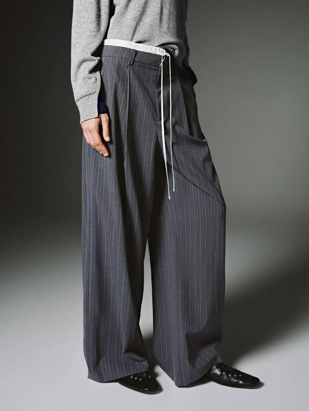 Ladies' Grey Striped Artistic Wide-Leg Trousers