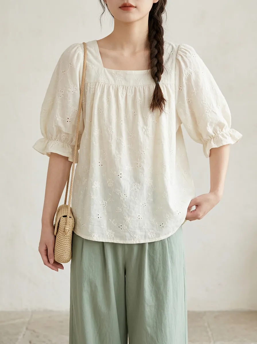 Embroidered Eyelet Square-Neck Floral Women's Puff-Sleeve Blouse