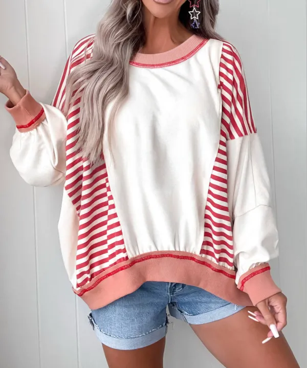 Soft Feel Relaxed Striped Patchwork Sweatshirt