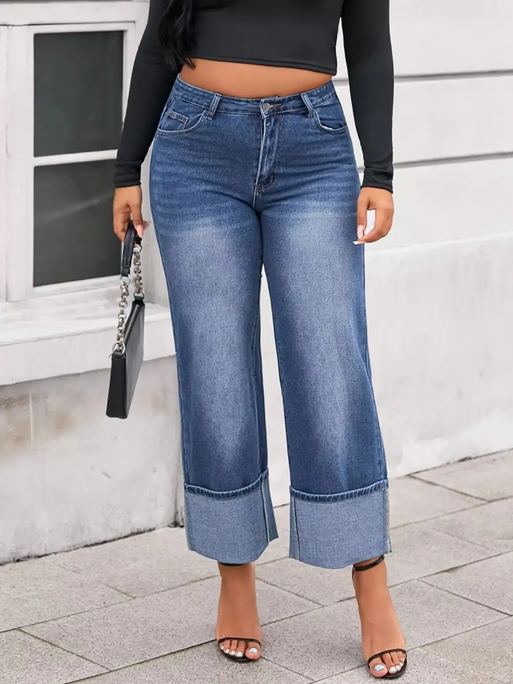Structured High Waist Wide Leg Cuffed Denim Jeans