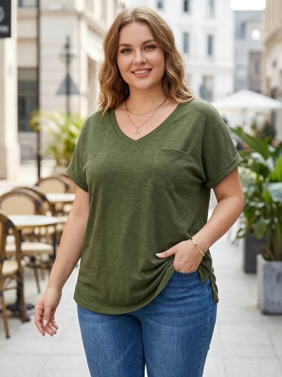 Women's Plus Size Olive Green V-Neck Pocket T-Shirt
