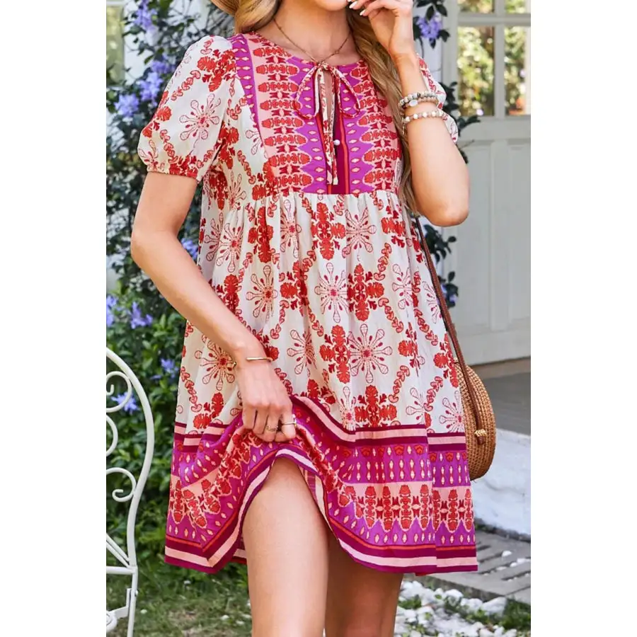 Boho Short Sleeve Tie Neck Mini Dress