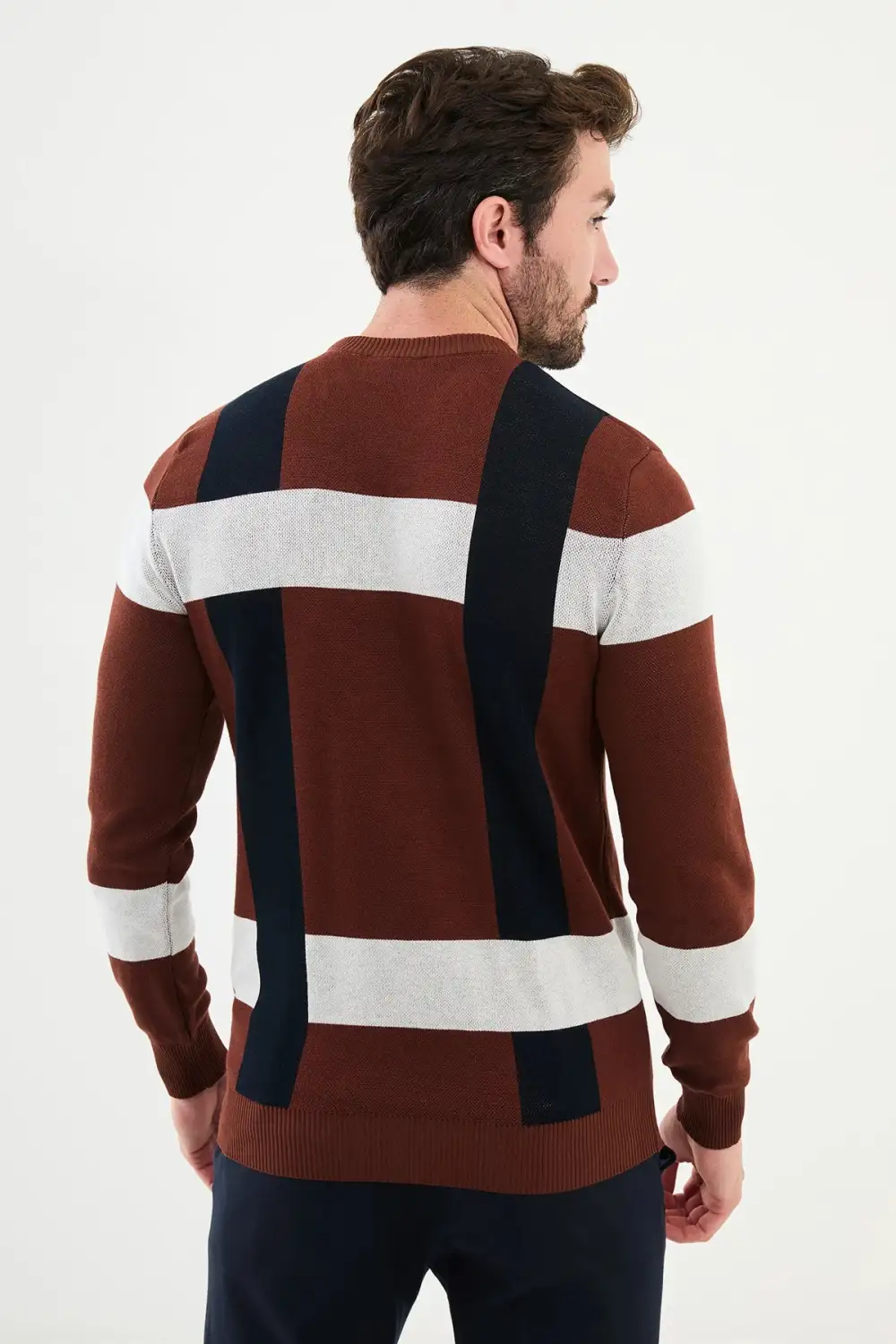 Contemporary Patterned Crew Neck Knit Sweater