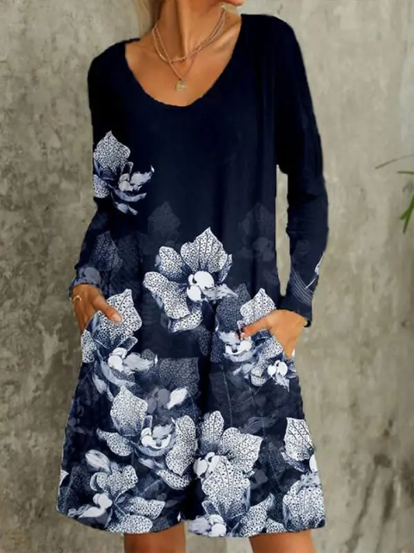 Flower Printing Long Sleeve Dress